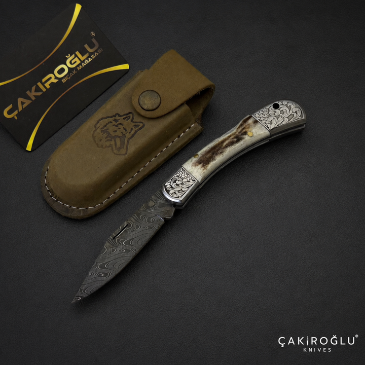 Handmade Small Size Damascus Steel Pocket Folding Knife with Sheath
