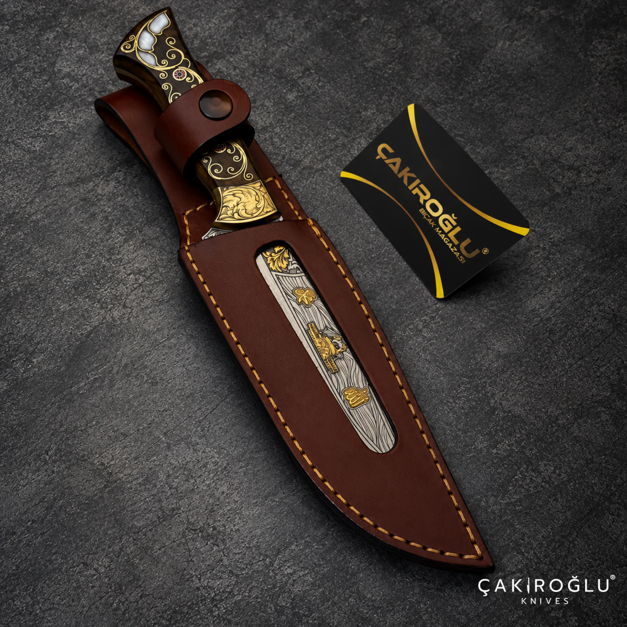 Çakıroğlu Handmade N690 Hunting Knife, Gold Engraved, Walnut Handle, Mother of Pearl