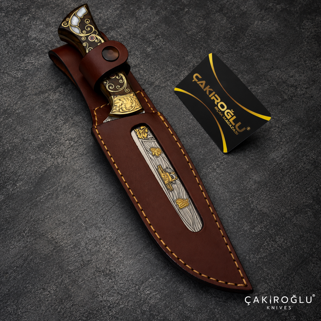 Çakıroğlu Handmade N690 Hunting Knife, Gold Engraved, Walnut Handle, Mother of Pearl
