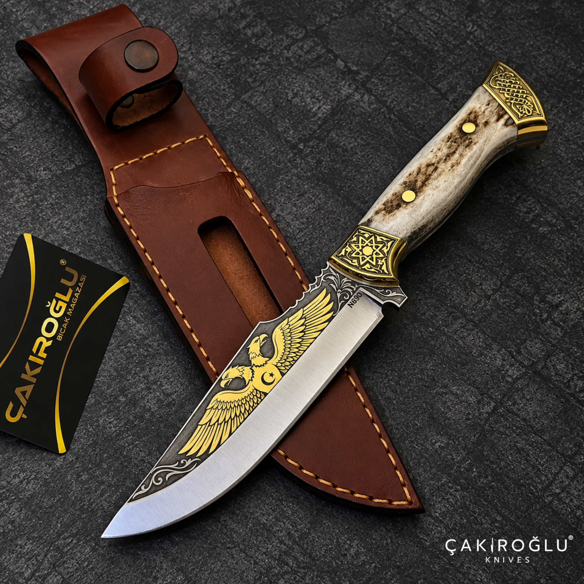 Çakıroğlu Handmade N690 Hunting Knife, Gold Engraved, Deer Antler Handle, Brass Aprons