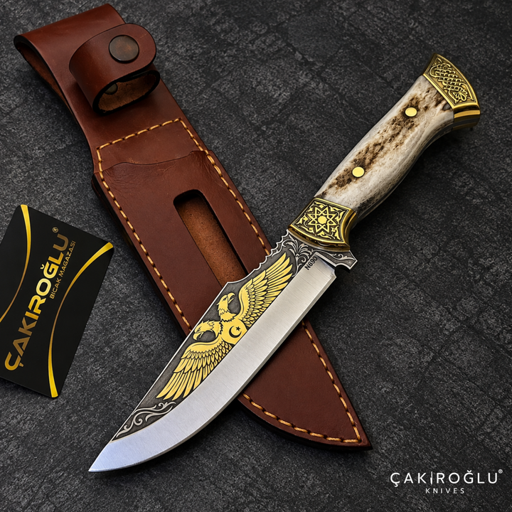 Çakıroğlu Handmade N690 Hunting Knife, Gold Engraved, Deer Antler Handle, Brass Aprons
