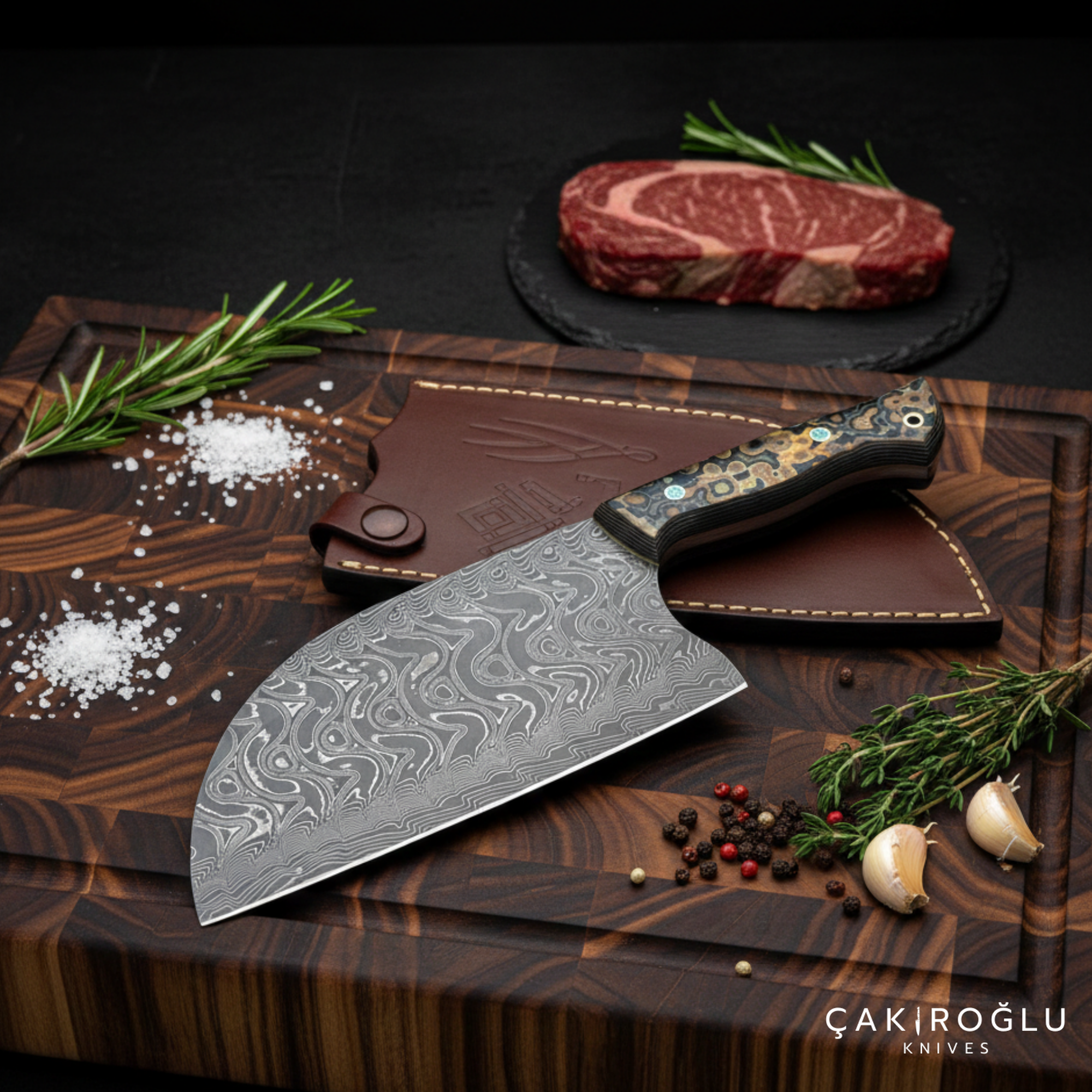 Handmade Damascus Steel Almazan Knife, Stabilize Handle