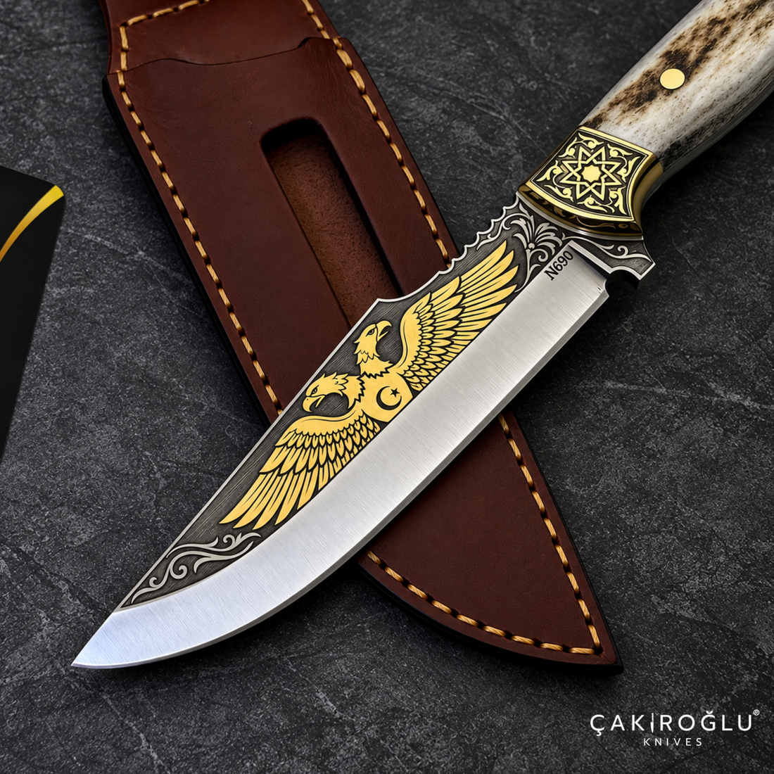 Çakıroğlu Handmade N690 Hunting Knife, Gold Engraved, Deer Antler Handle, Brass Aprons