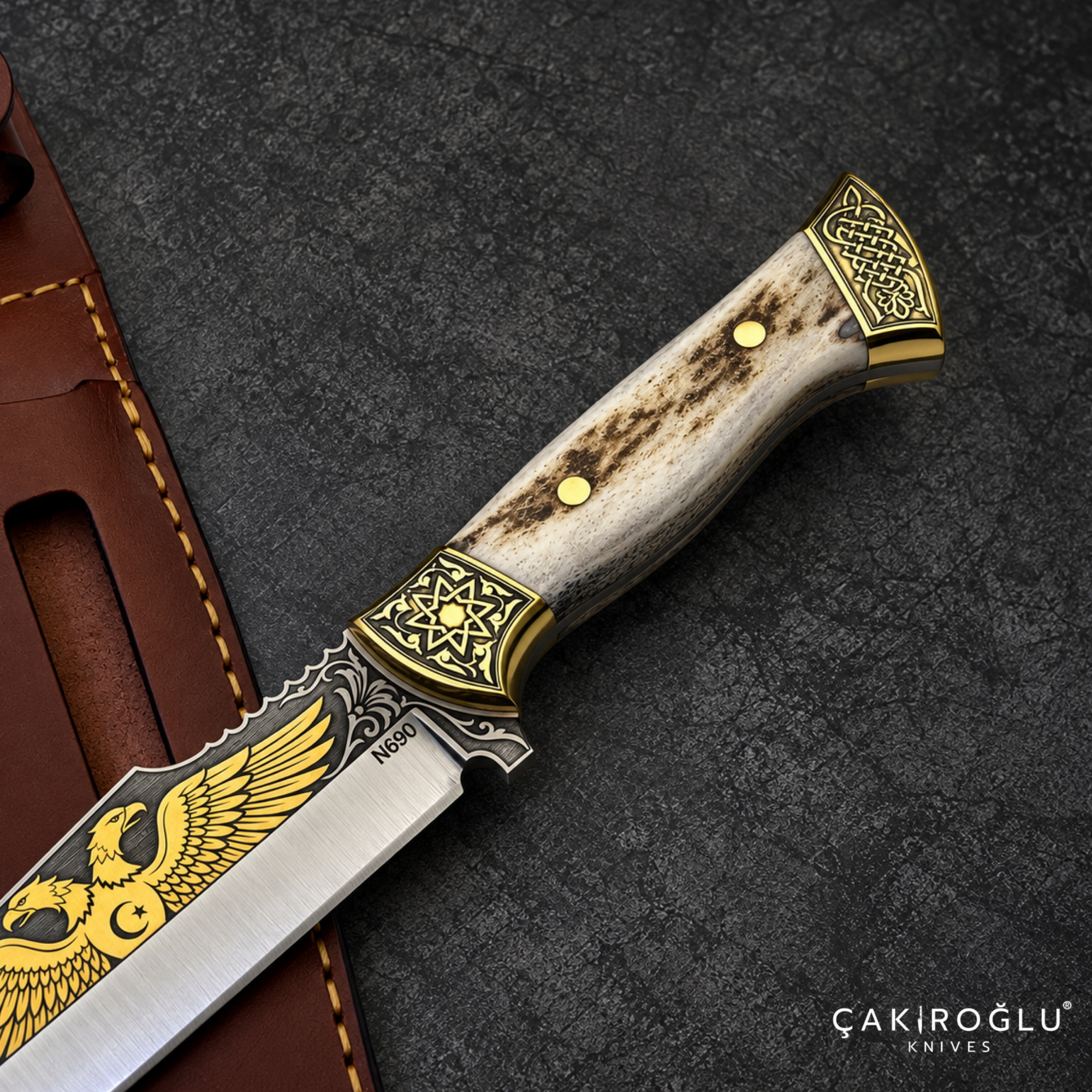 Çakıroğlu Handmade N690 Hunting Knife, Gold Engraved, Deer Antler Handle, Brass Aprons
