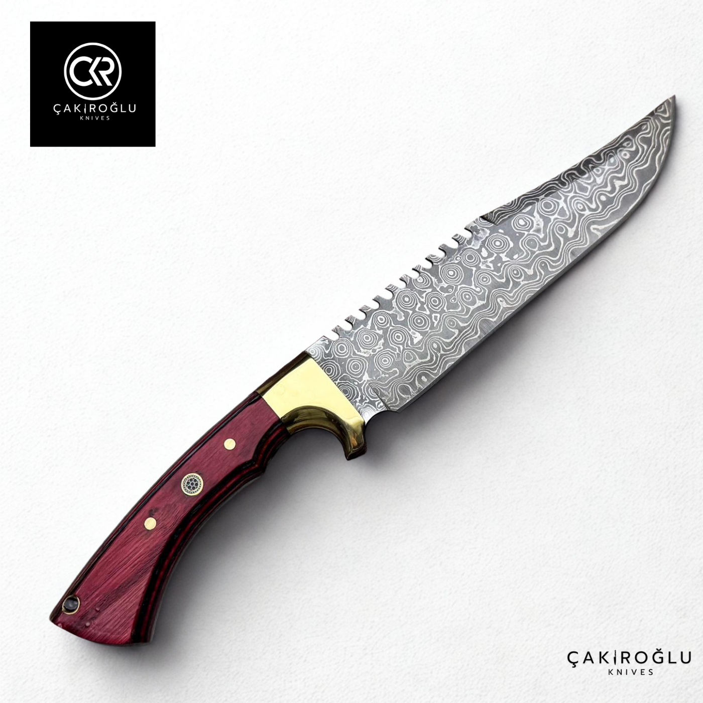 Damascus Elegance Handcrafted Knife – Wood Laminated Handle & Brass Apron