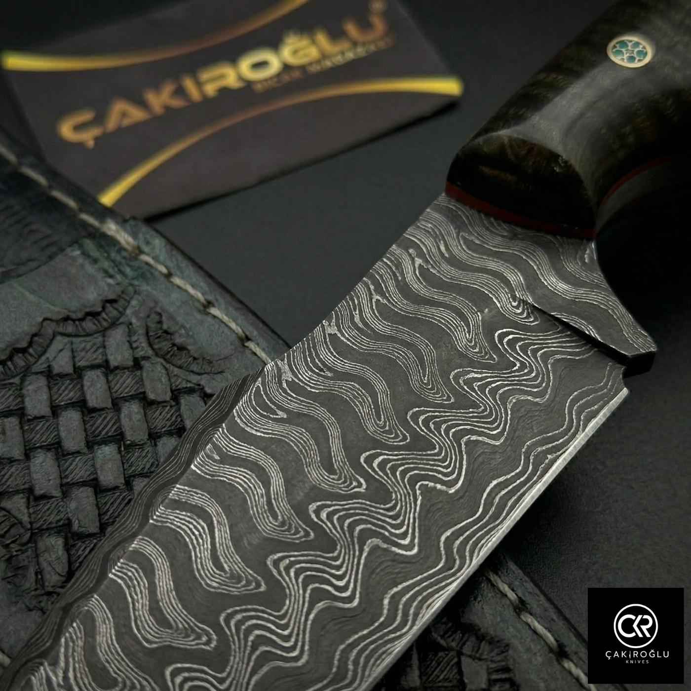 Çakıroğlu Handmade Custom-made Damascus Steel & Stabilized Tulipwood Handle Tanto Model Hunting Knife