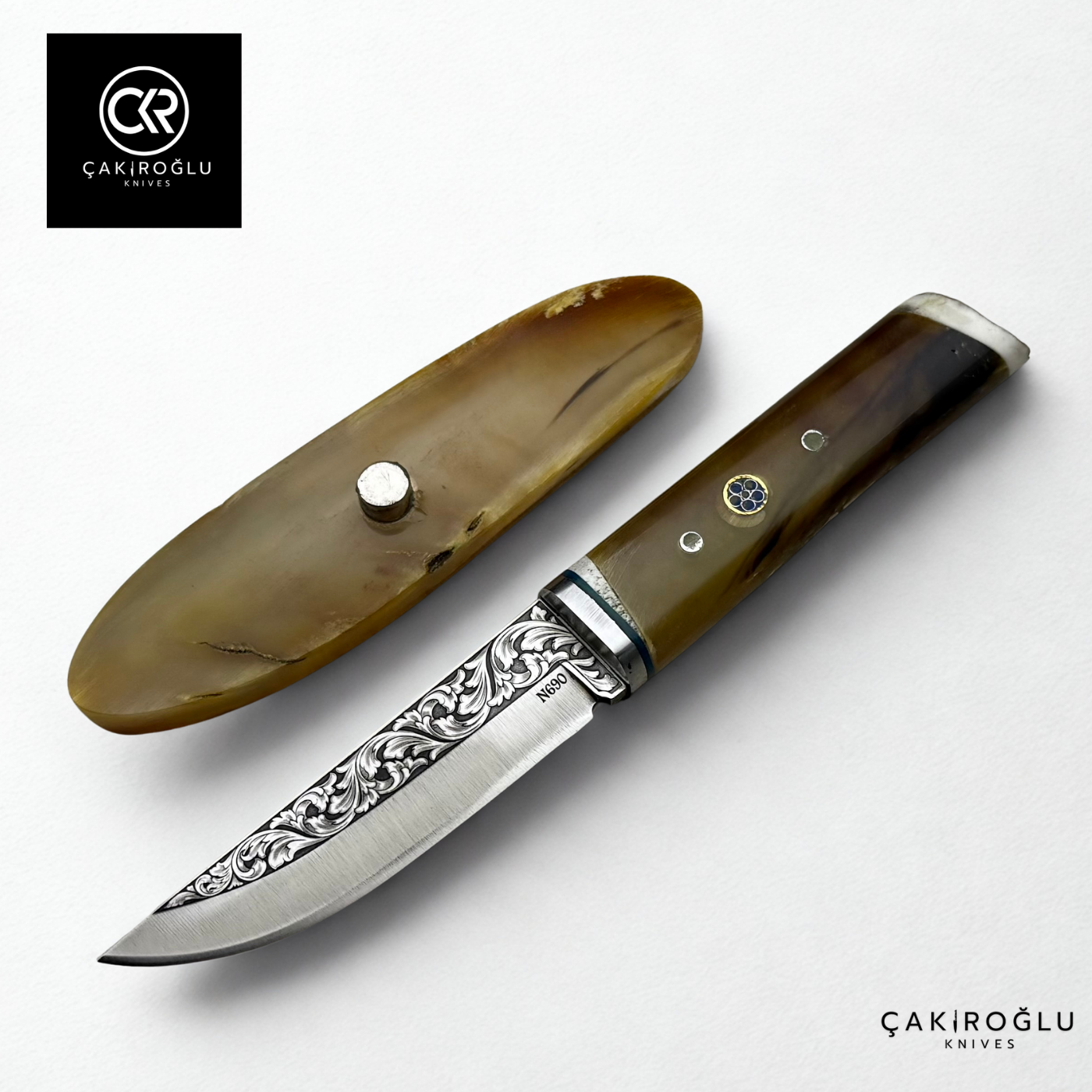 Custom Engraved Knife with Bone Stand - Bone (Ram Horn) Handle
