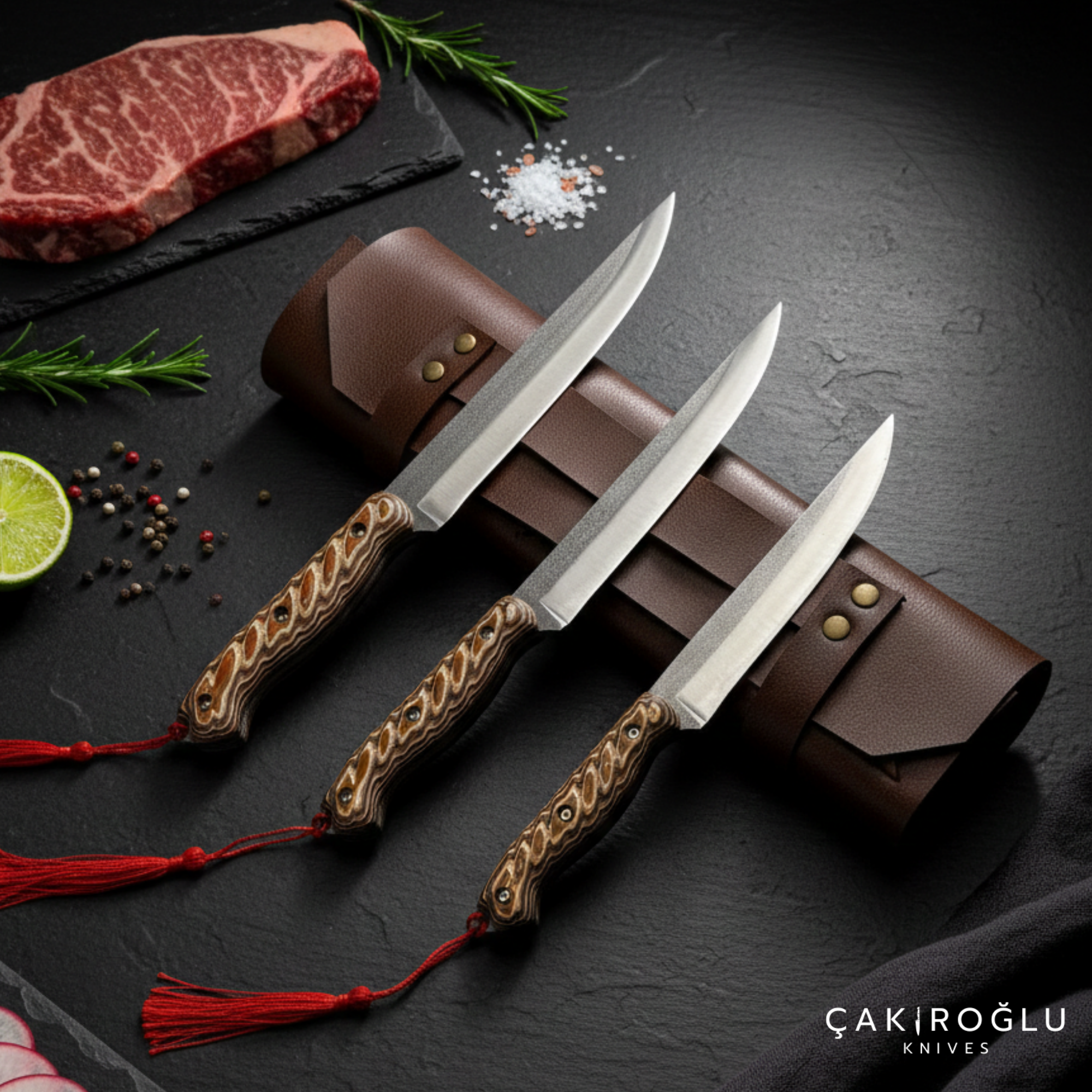 3-Piece N690 Steel Handmade Kitchen Knife Set with Sheath
