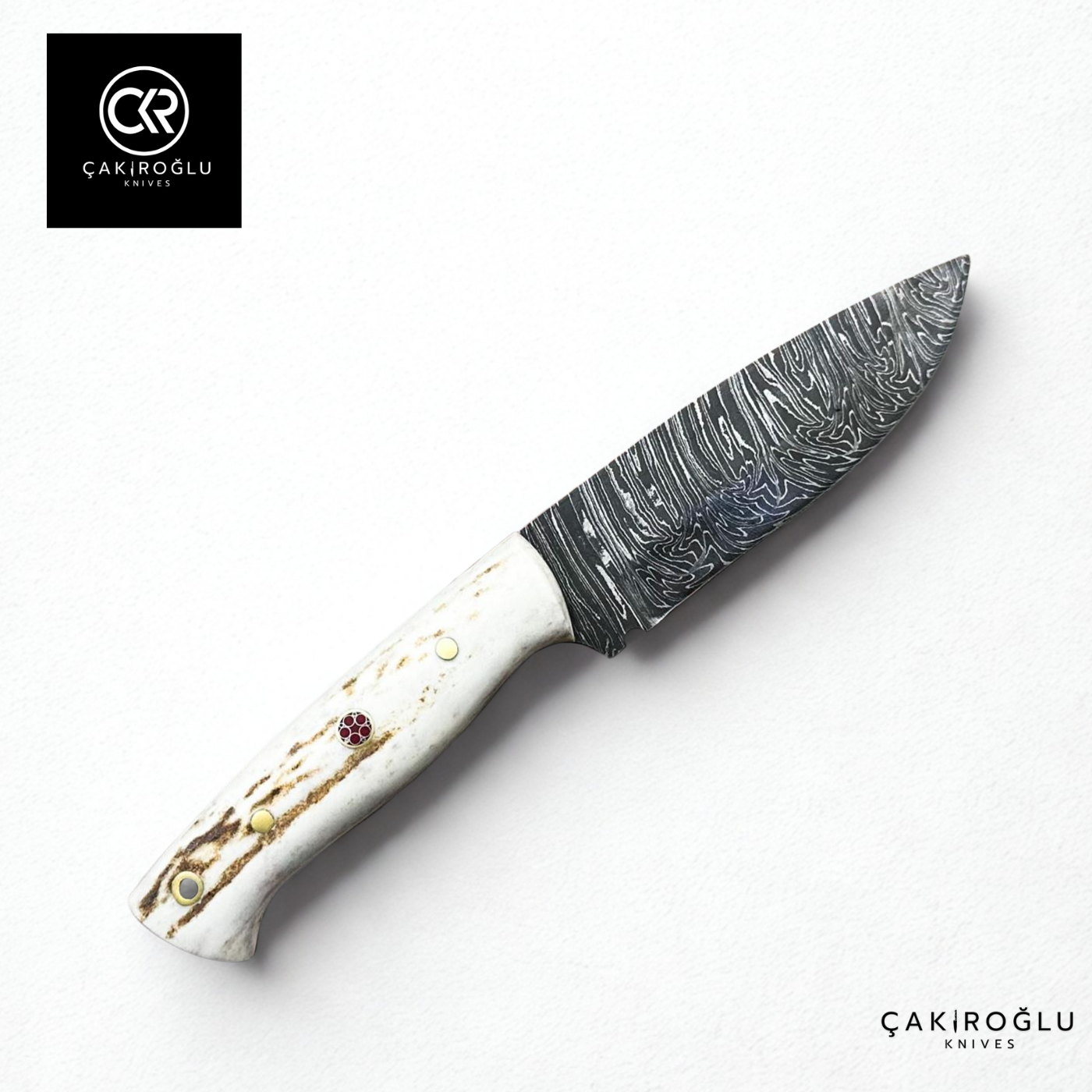 Handcrafted Custom-made Damascus Steel & Deer Antler Handle Hunting Knife