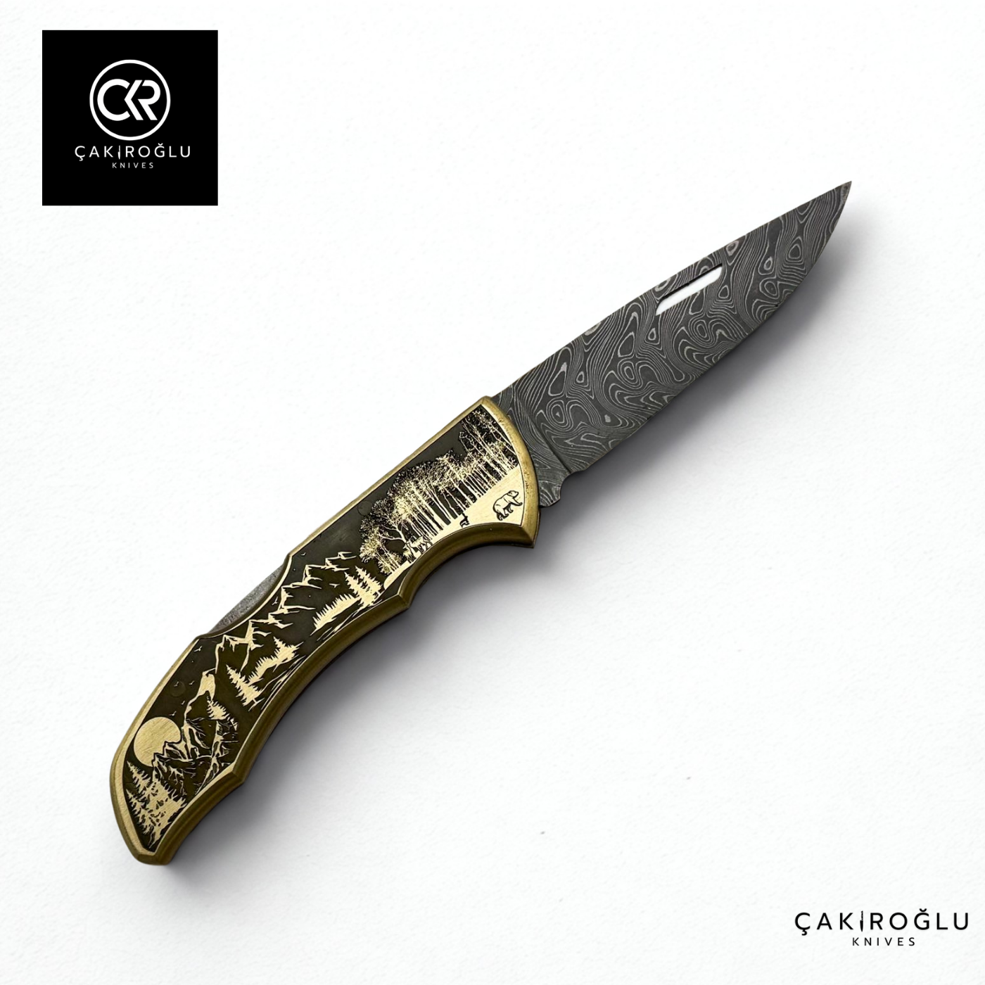 Showy Limited Edition Large Size Handcrafted Custom-made Folding Collectible Knife - Damascus Steel & Engraved Brass Handle