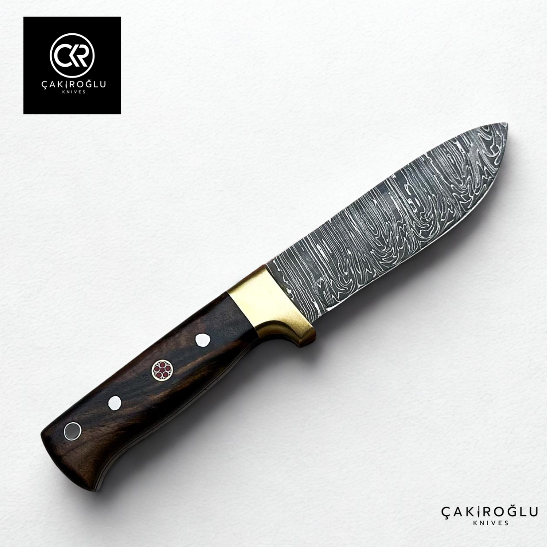 Handcrafted Custom-made Damascus Steel Bushcraft Hunting Knife - Root Walnut Handle & Brass Apron