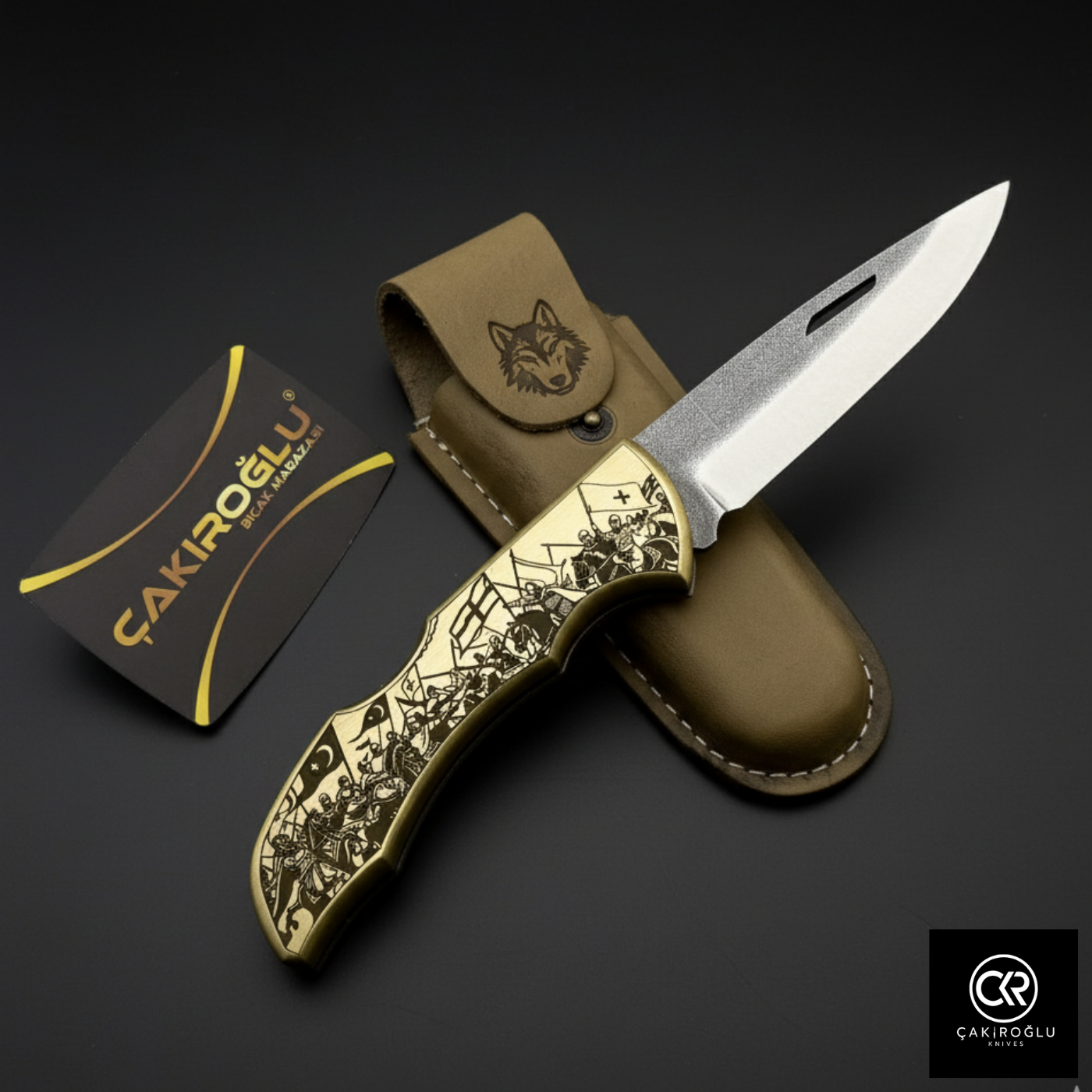 Showy Series - Ottoman War Design Engraved Brass Handle Folding Knife