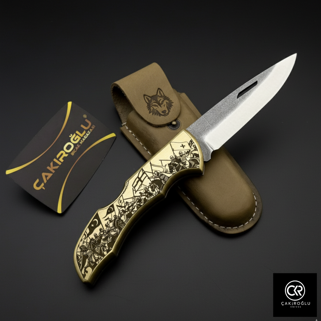 Showy Series - Ottoman War Design Engraved Brass Handle Folding Knife