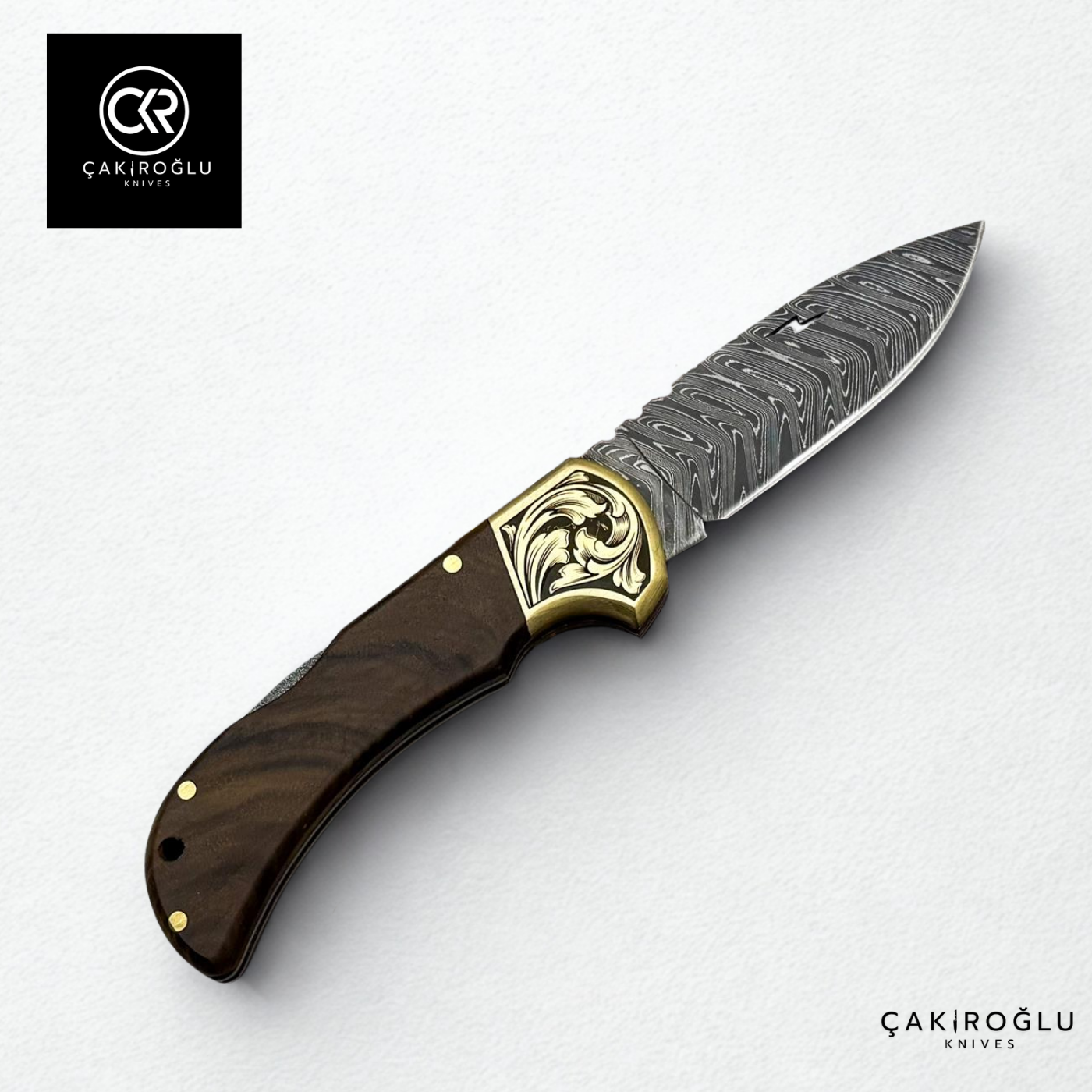 Handcrafted Custom Folding Knife - Damascus Steel & Engraved Brass Apron