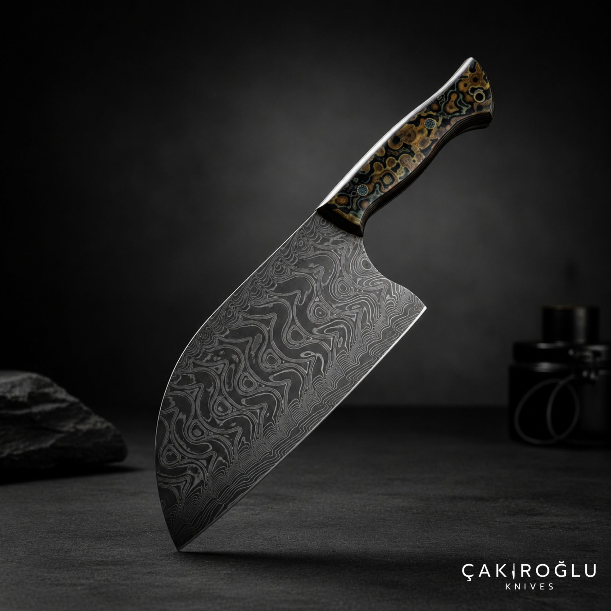 Handmade Damascus Steel Almazan Knife, Stabilize Handle
