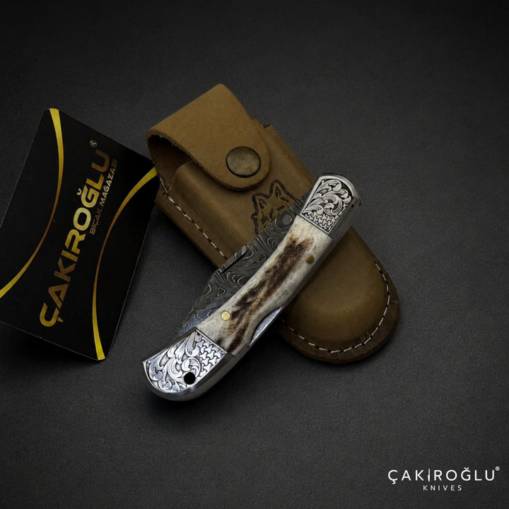 Handmade Small Size Damascus Steel Pocket Folding Knife with Sheath