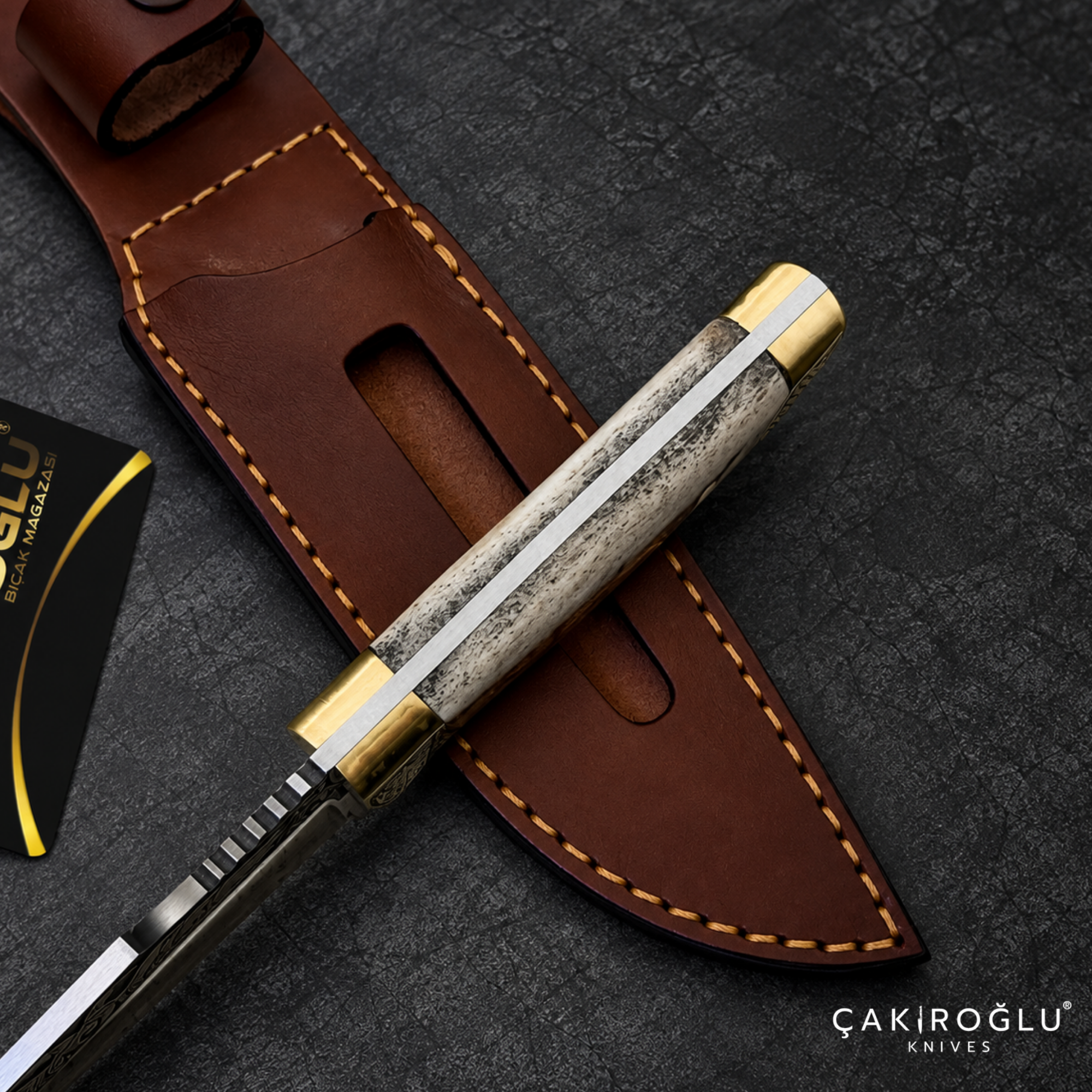 Çakıroğlu Handmade N690 Hunting Knife, Gold Engraved, Deer Antler Handle, Brass Aprons