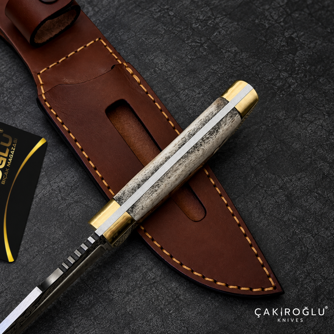 Çakıroğlu Handmade N690 Hunting Knife, Gold Engraved, Deer Antler Handle, Brass Aprons