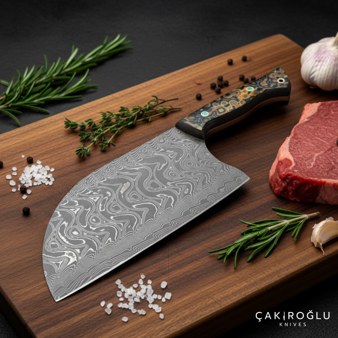 Handmade Damascus Steel Almazan Knife, Stabilize Handle