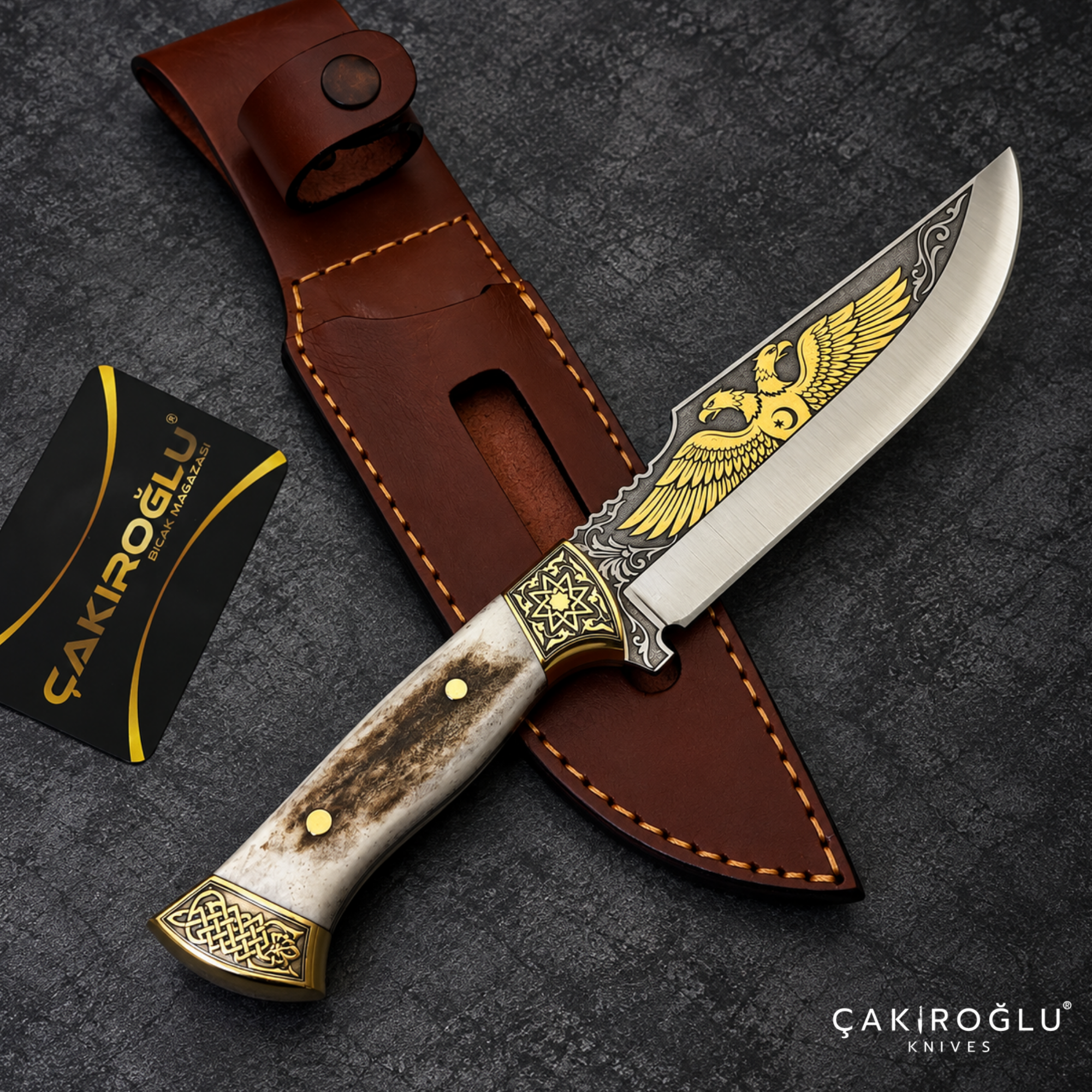 Çakıroğlu Handmade N690 Hunting Knife, Gold Engraved, Deer Antler Handle, Brass Aprons