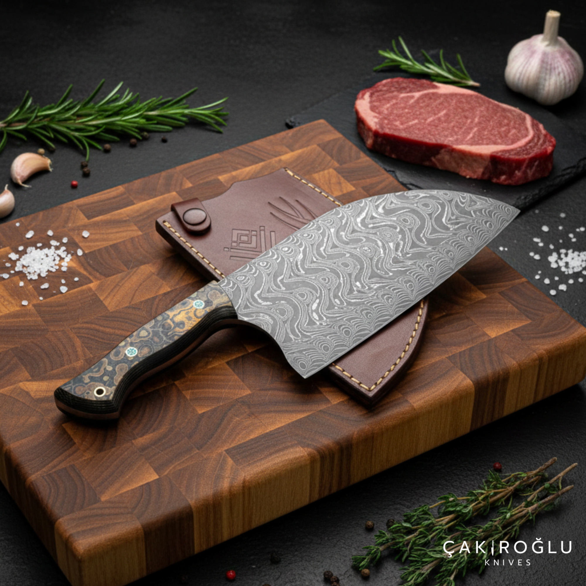 Handmade Damascus Steel Almazan Knife, Stabilize Handle