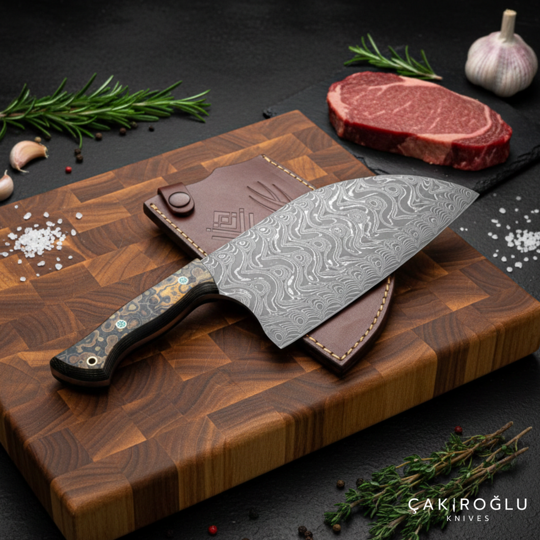 Handmade Damascus Steel Almazan Knife, Stabilize Handle