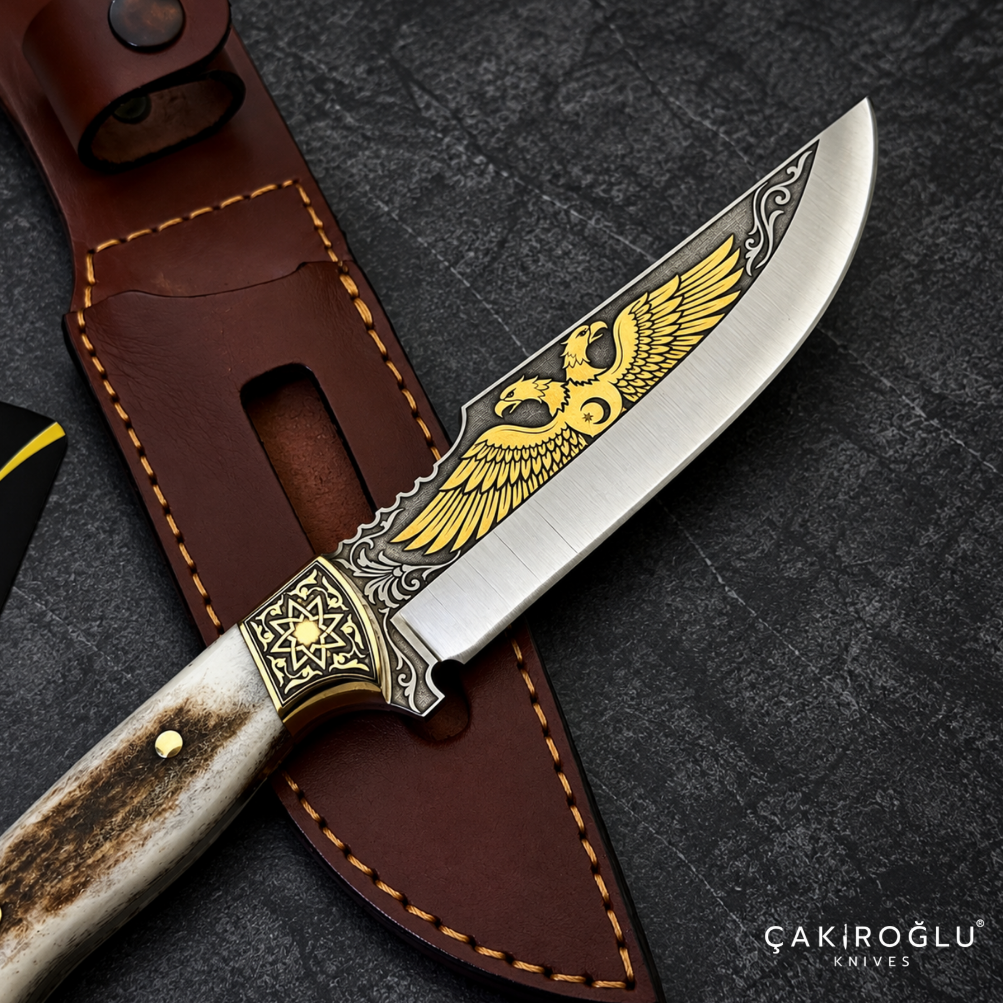 Çakıroğlu Handmade N690 Hunting Knife, Gold Engraved, Deer Antler Handle, Brass Aprons