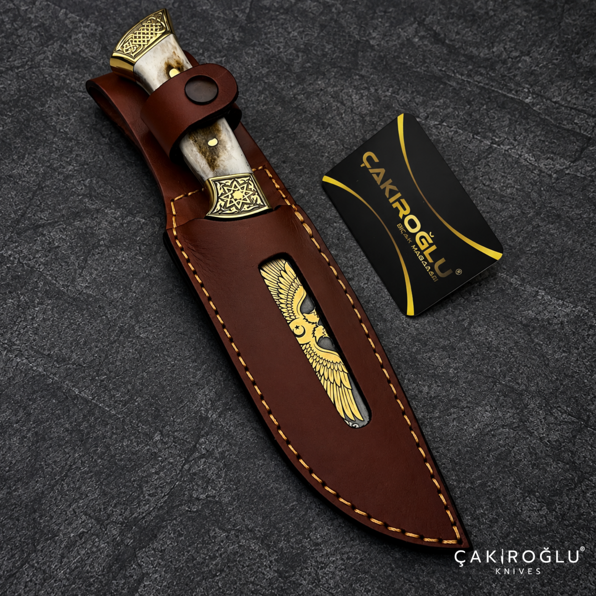 Çakıroğlu Handmade N690 Hunting Knife, Gold Engraved, Deer Antler Handle, Brass Aprons