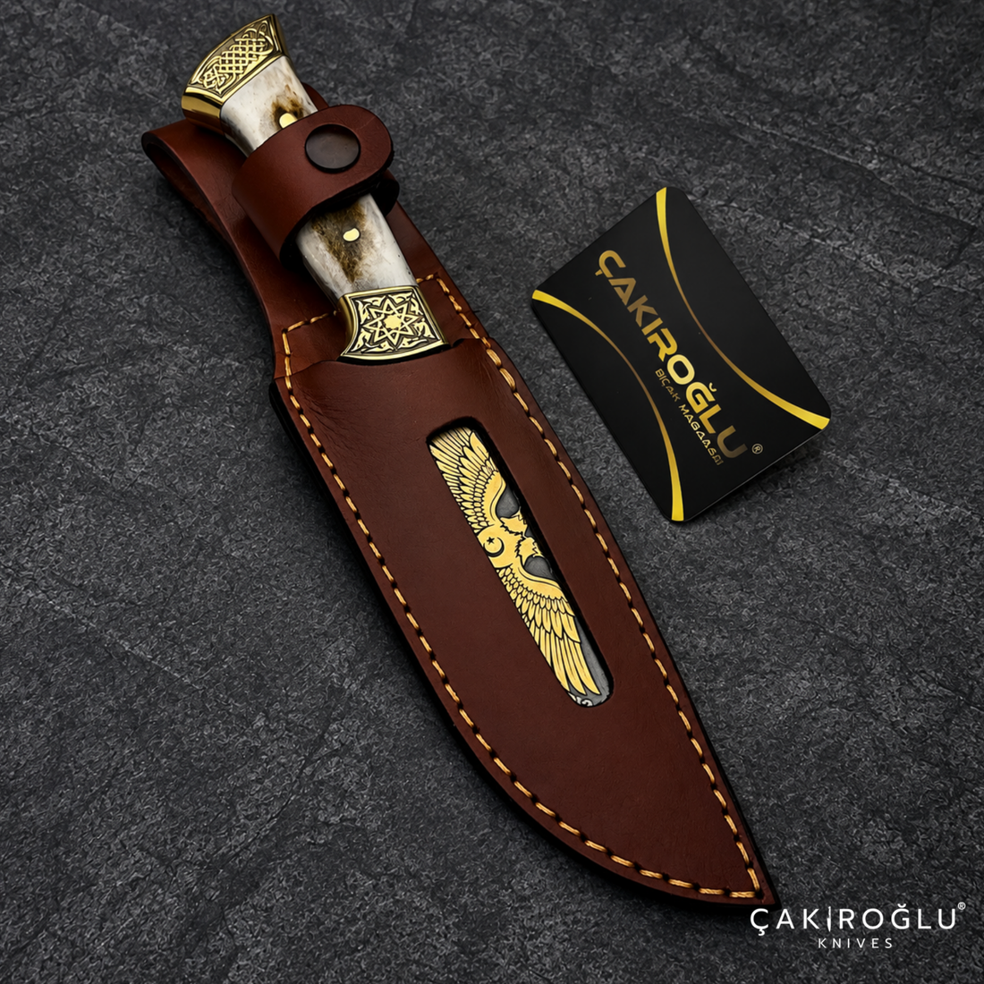 Çakıroğlu Handmade N690 Hunting Knife, Gold Engraved, Deer Antler Handle, Brass Aprons