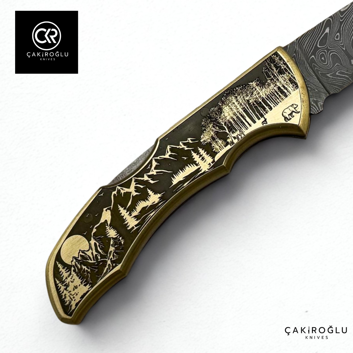 Showy Limited Edition Large Size Handcrafted Custom-made Folding Collectible Knife - Damascus Steel & Engraved Brass Handle