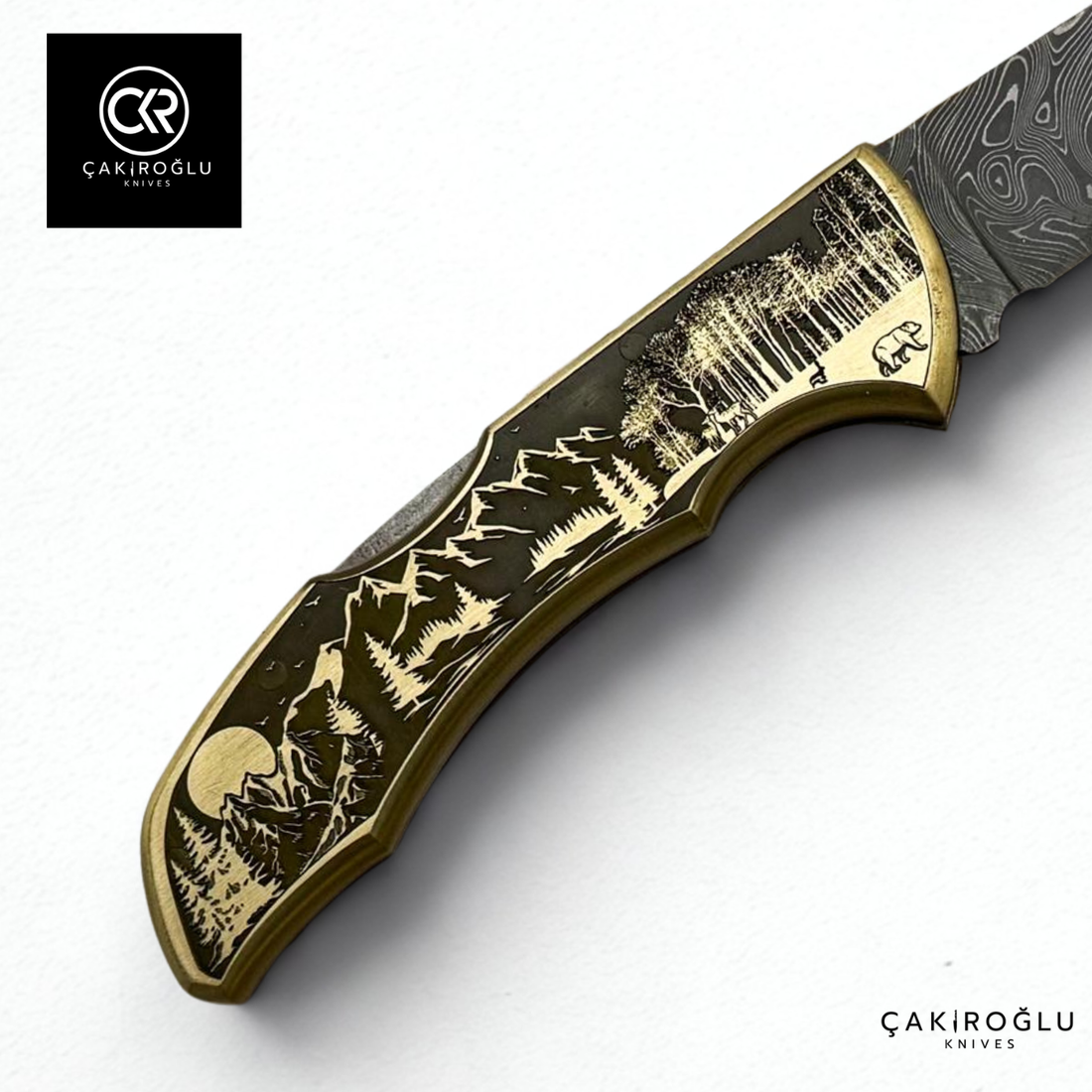 Showy Limited Edition Large Size Handcrafted Custom-made Folding Collectible Knife - Damascus Steel & Engraved Brass Handle