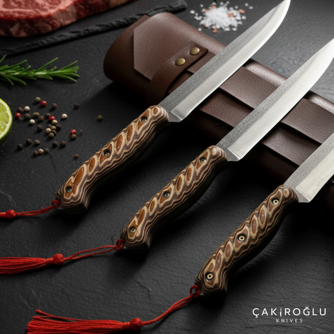 3-Piece N690 Steel Handmade Kitchen Knife Set with Sheath