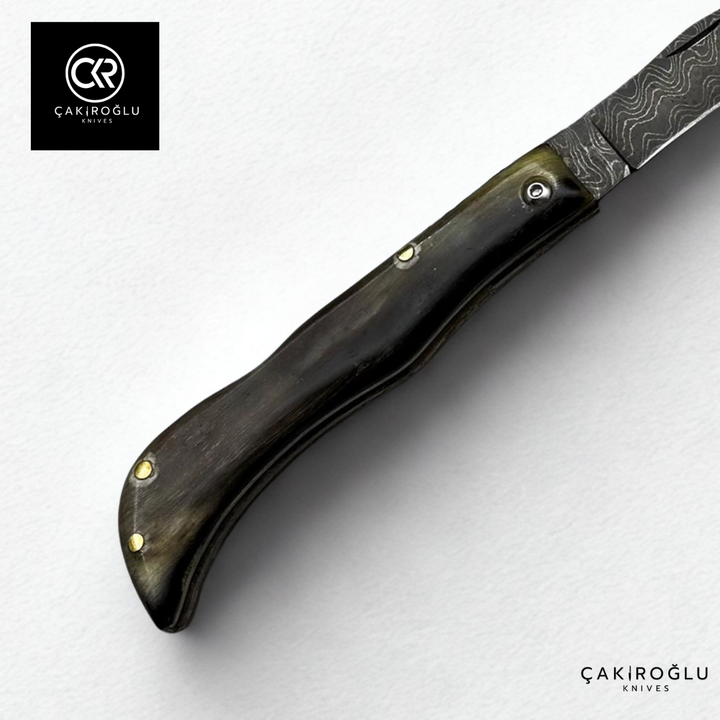 Handcrafted Custom Classic Style Folding Knife - Damascus Steel & Ram's Horn Handle