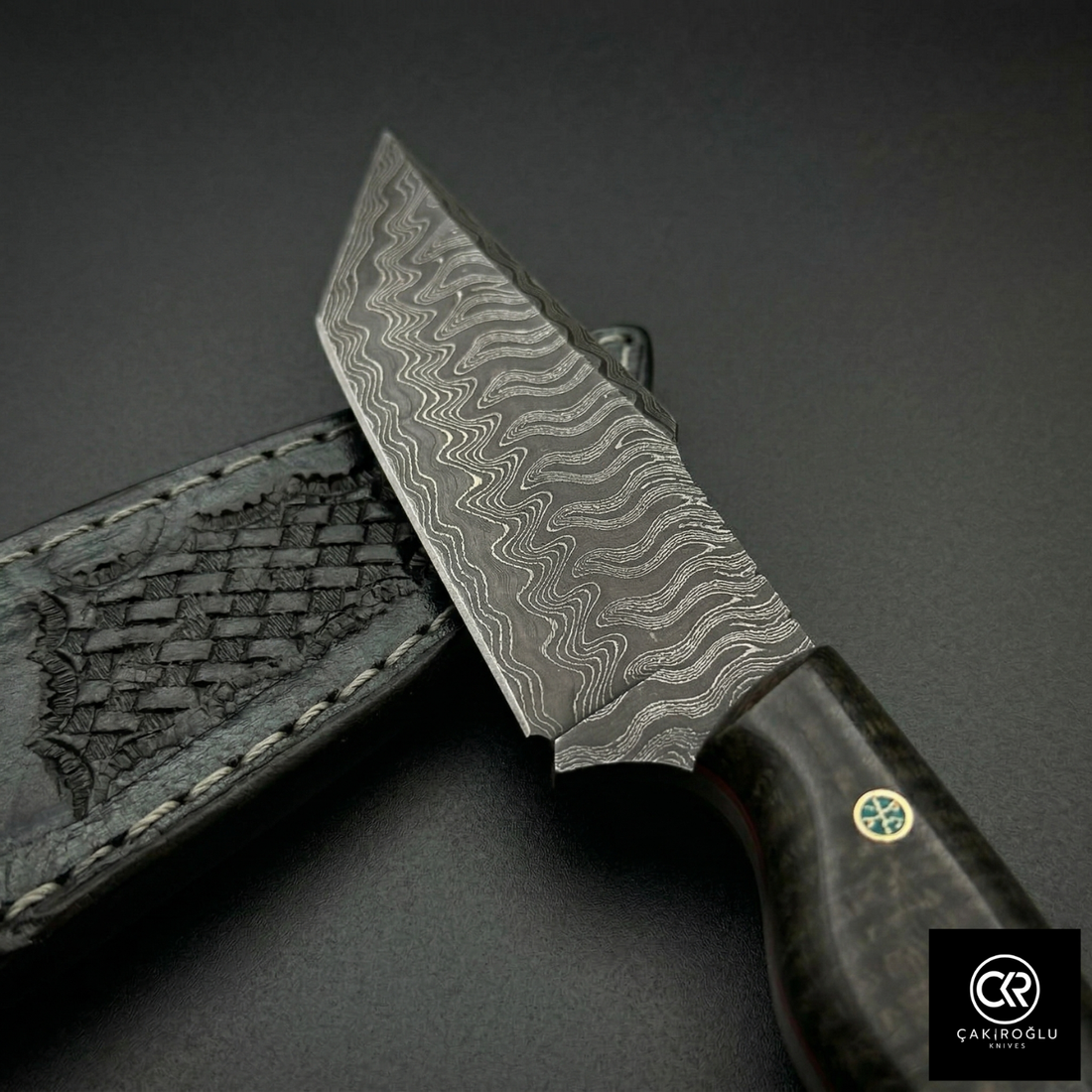 Çakıroğlu Handmade Custom-made Damascus Steel & Stabilized Tulipwood Handle Tanto Model Hunting Knife