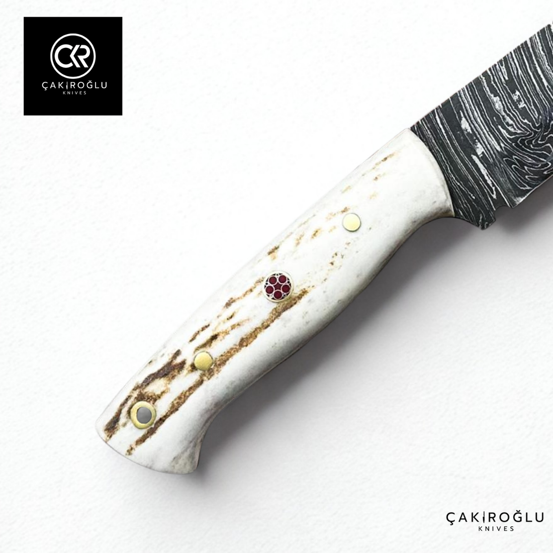 Handcrafted Custom-made Damascus Steel & Deer Antler Handle Hunting Knife