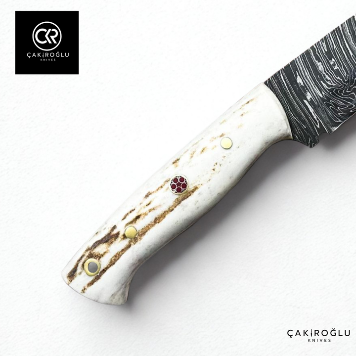 Handcrafted Custom-made Damascus Steel & Deer Antler Handle Hunting Knife