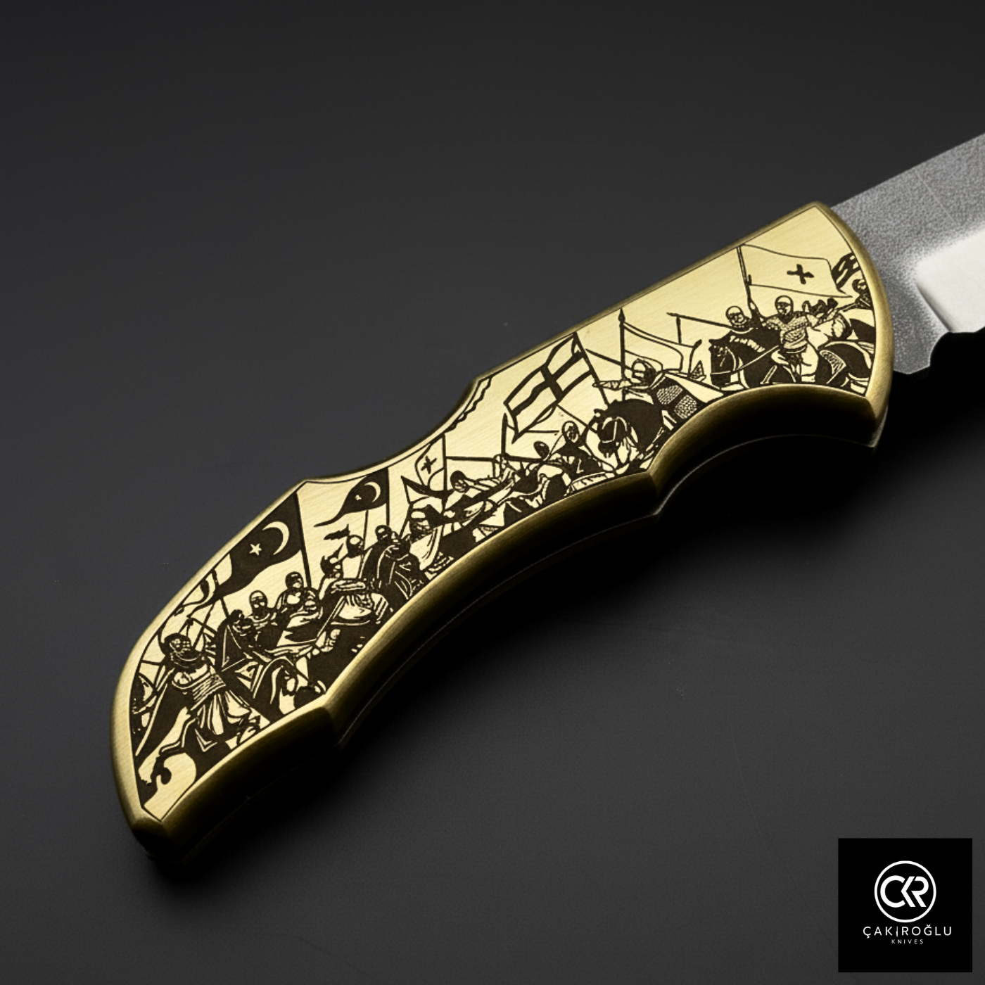 Showy Series - Ottoman War Design Engraved Brass Handle Folding Knife