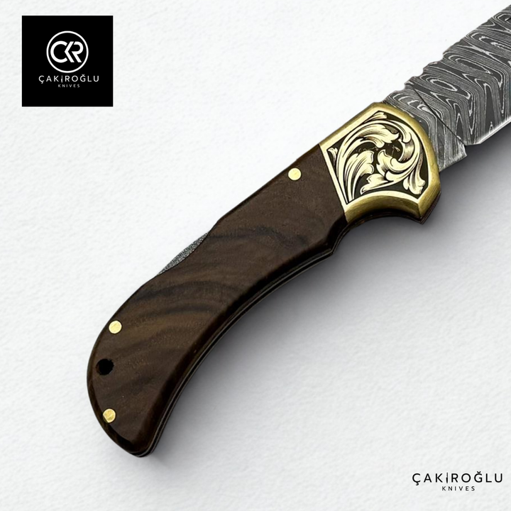 Handcrafted Custom Folding Knife - Damascus Steel & Engraved Brass Apron