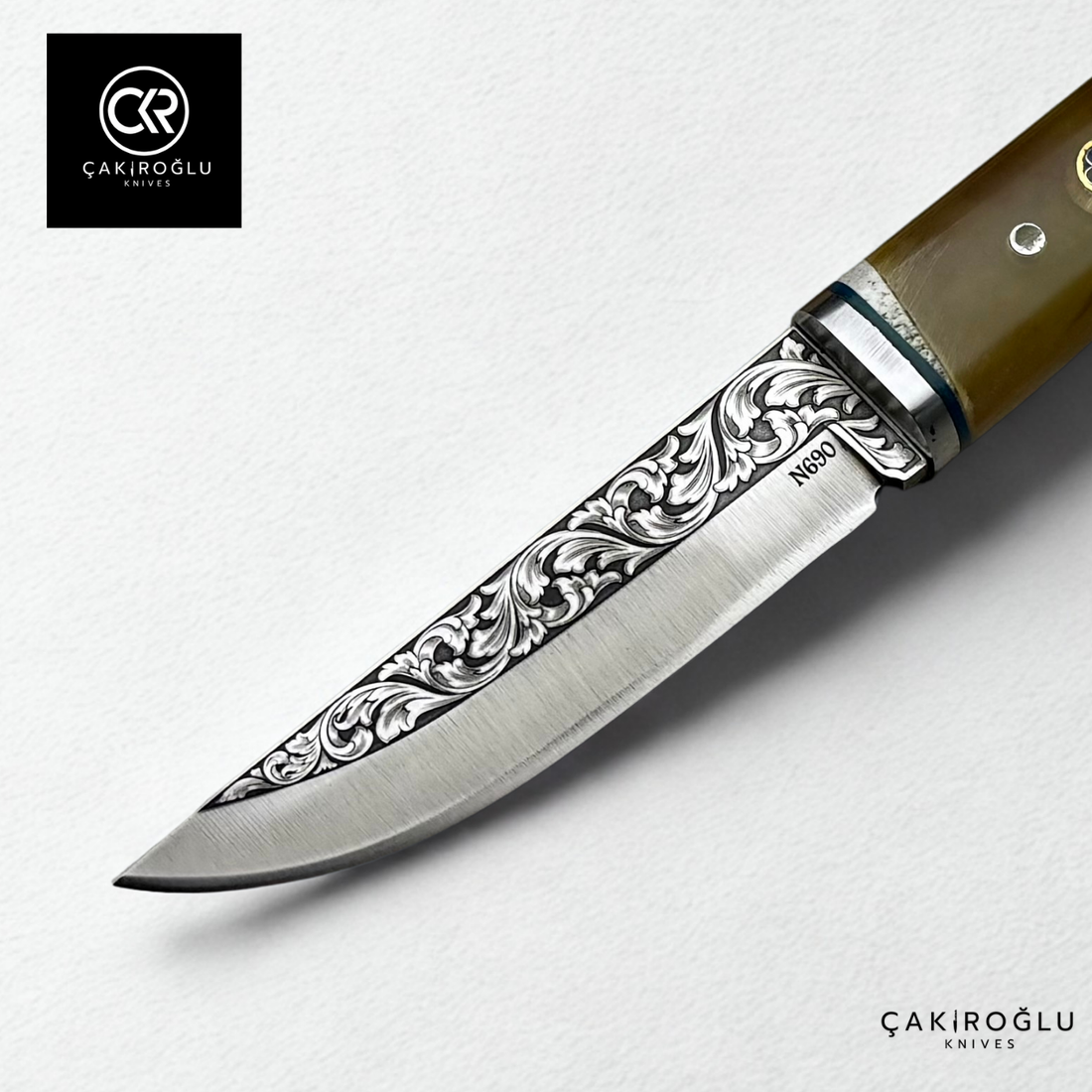 Custom Engraved Knife with Bone Stand - Bone (Ram Horn) Handle