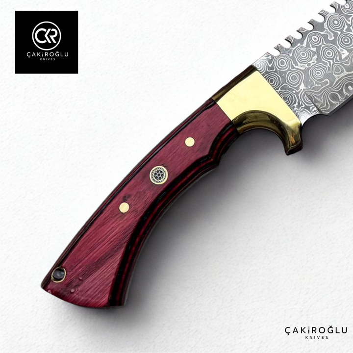 Damascus Elegance Handcrafted Knife – Wood Laminated Handle & Brass Apron