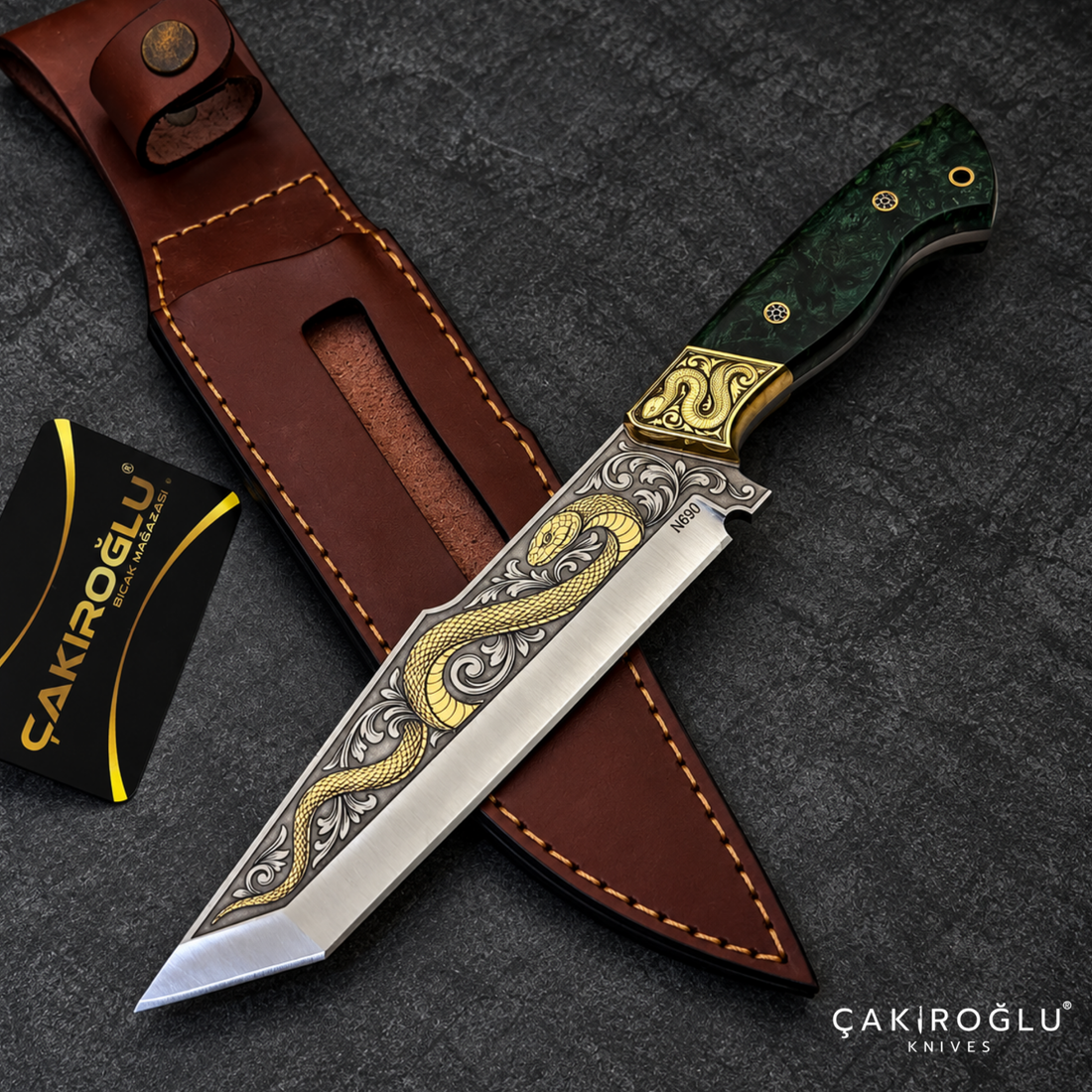 Çakıroğlu Snake - Handmade Custom N690 Steel Tanto Knife, Gold Engraved, Stabilize Handle