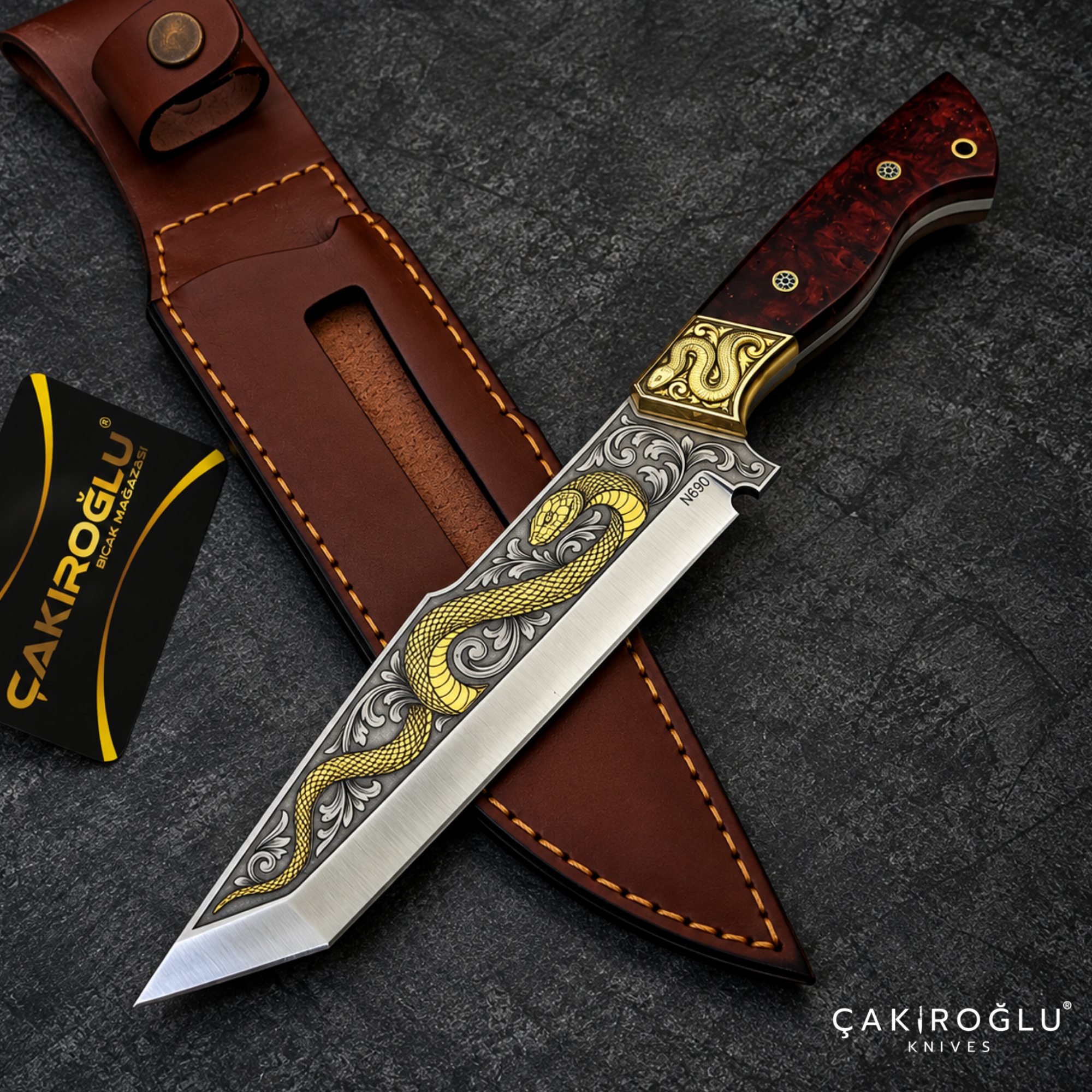 Çakıroğlu Snake - Handmade Custom N690 Steel Tanto Knife, Gold Engraved, Stabilize Handle