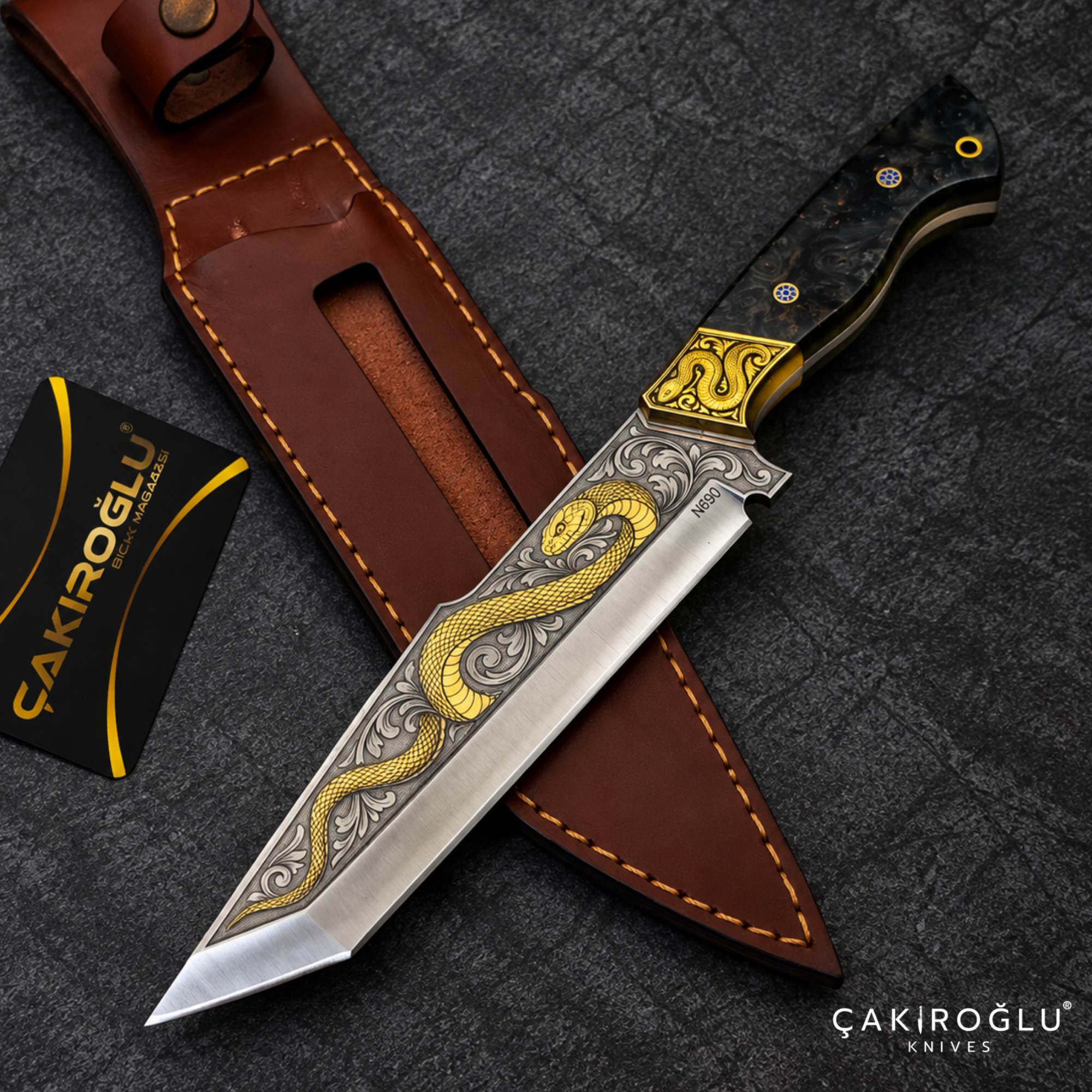 Çakıroğlu Snake - Handmade Custom N690 Steel Tanto Knife, Gold Engraved, Stabilize Handle