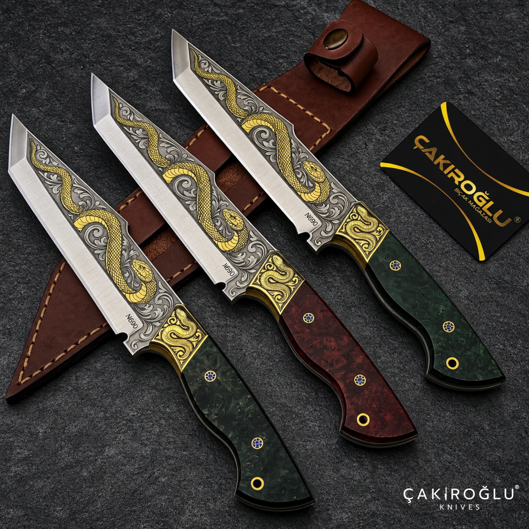 Çakıroğlu Snake - Handmade Custom N690 Steel Tanto Knife, Gold Engraved, Stabilize Handle