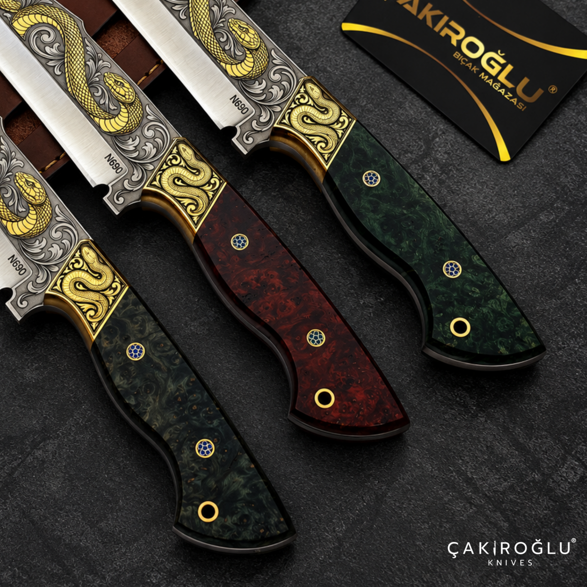 Çakıroğlu Snake - Handmade Custom N690 Steel Tanto Knife, Gold Engraved, Stabilize Handle