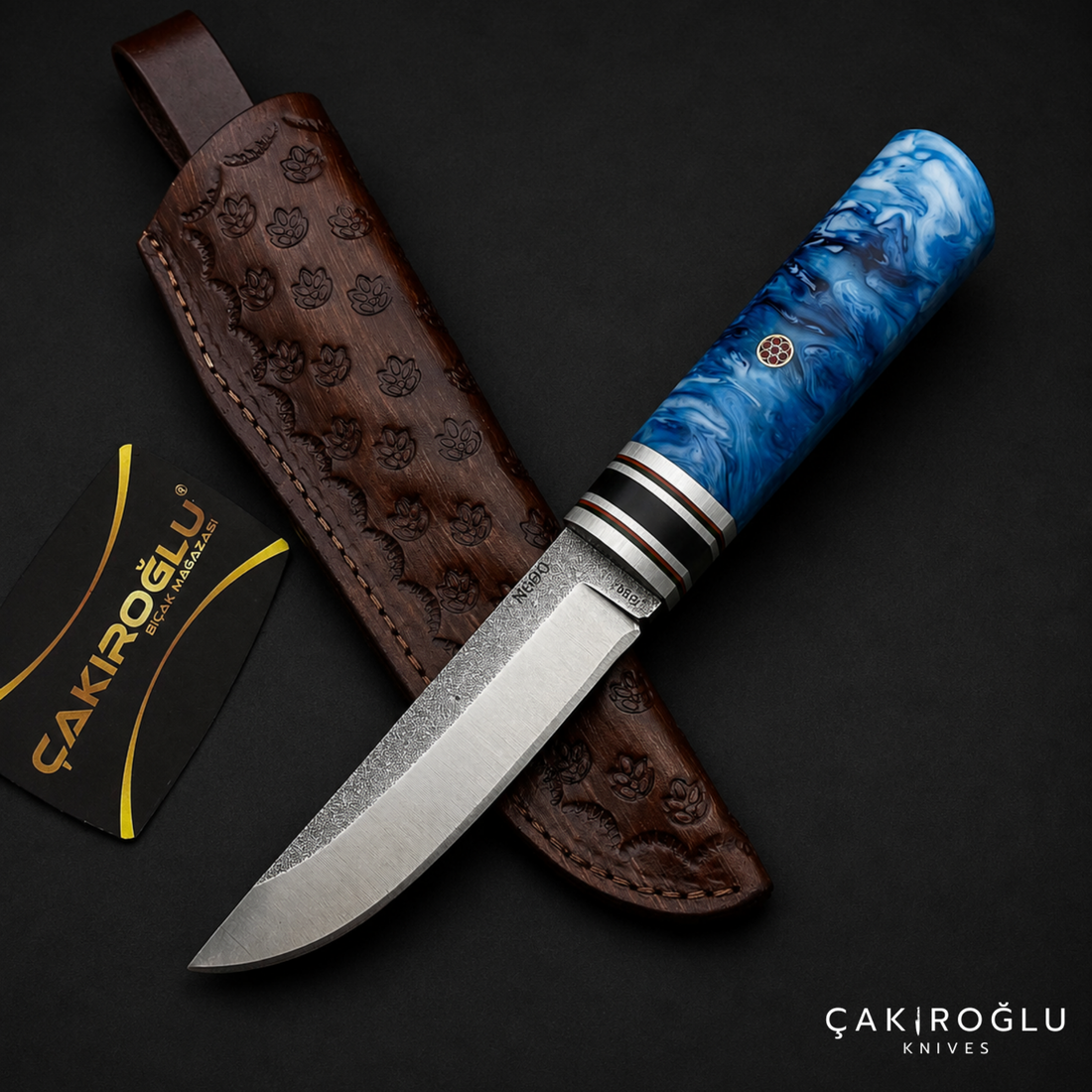 Handmade N690 Puukko Hunting Knife with Leather Sheath - Epoxy & Olive Wood Handle