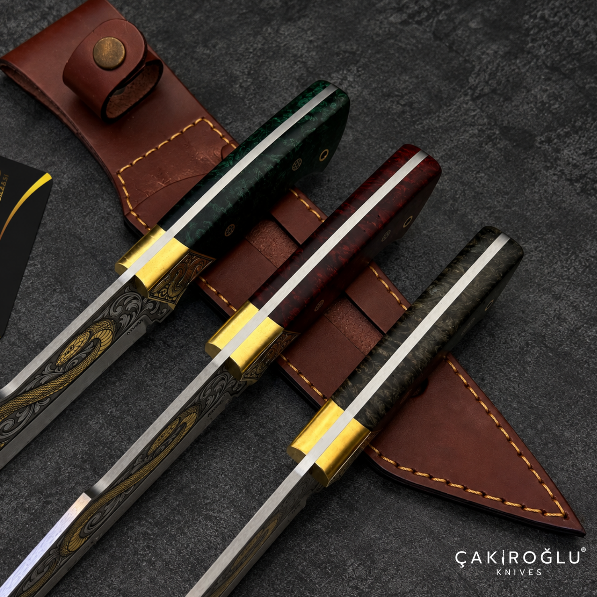 Çakıroğlu Snake - Handmade Custom N690 Steel Tanto Knife, Gold Engraved, Stabilize Handle