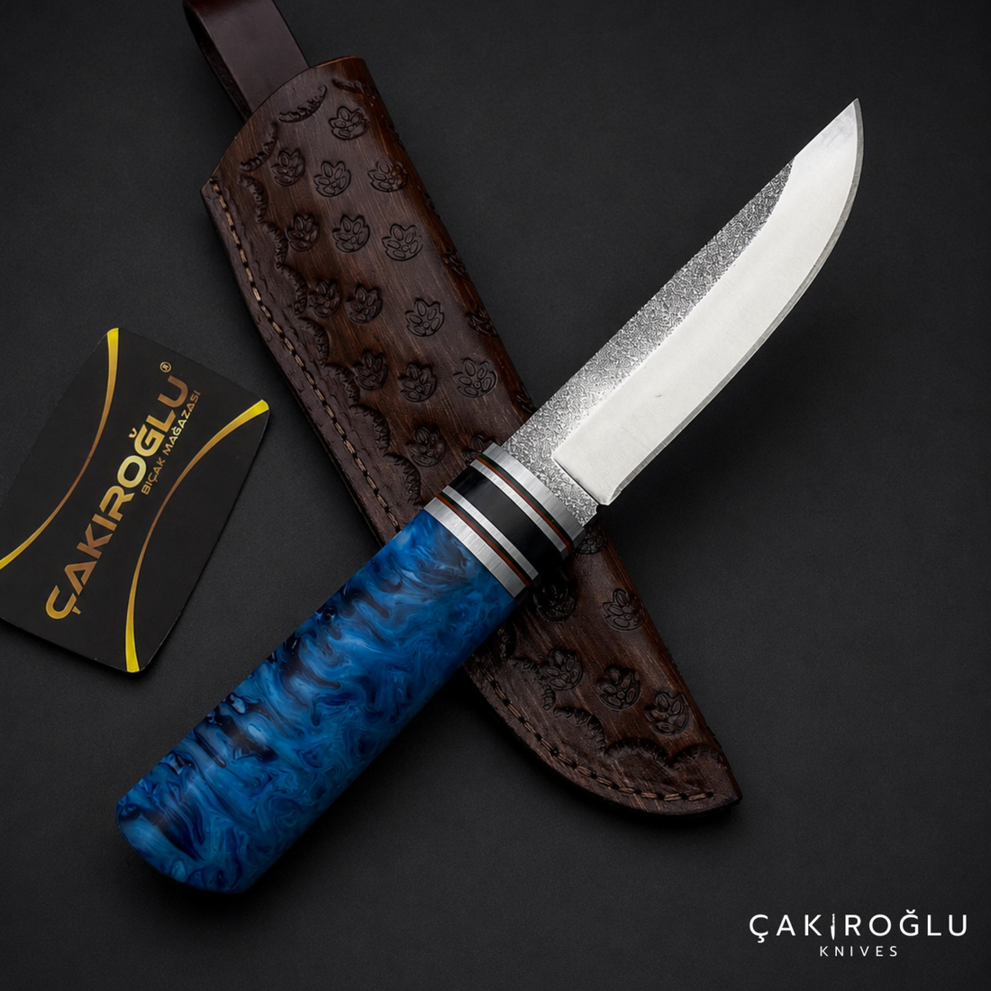 Handmade N690 Puukko Hunting Knife with Leather Sheath - Epoxy & Olive Wood Handle