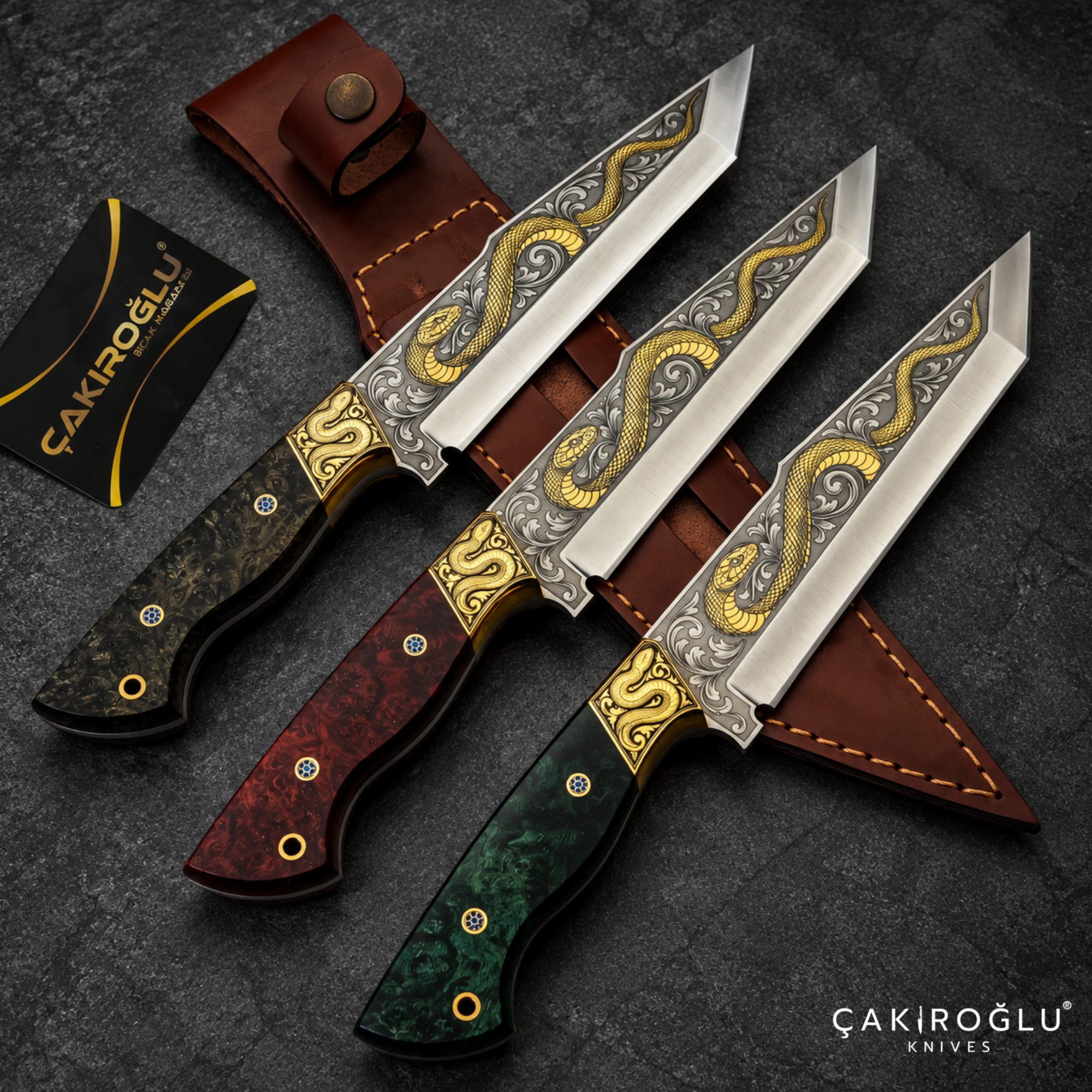 Çakıroğlu Snake - Handmade Custom N690 Steel Tanto Knife, Gold Engraved, Stabilize Handle