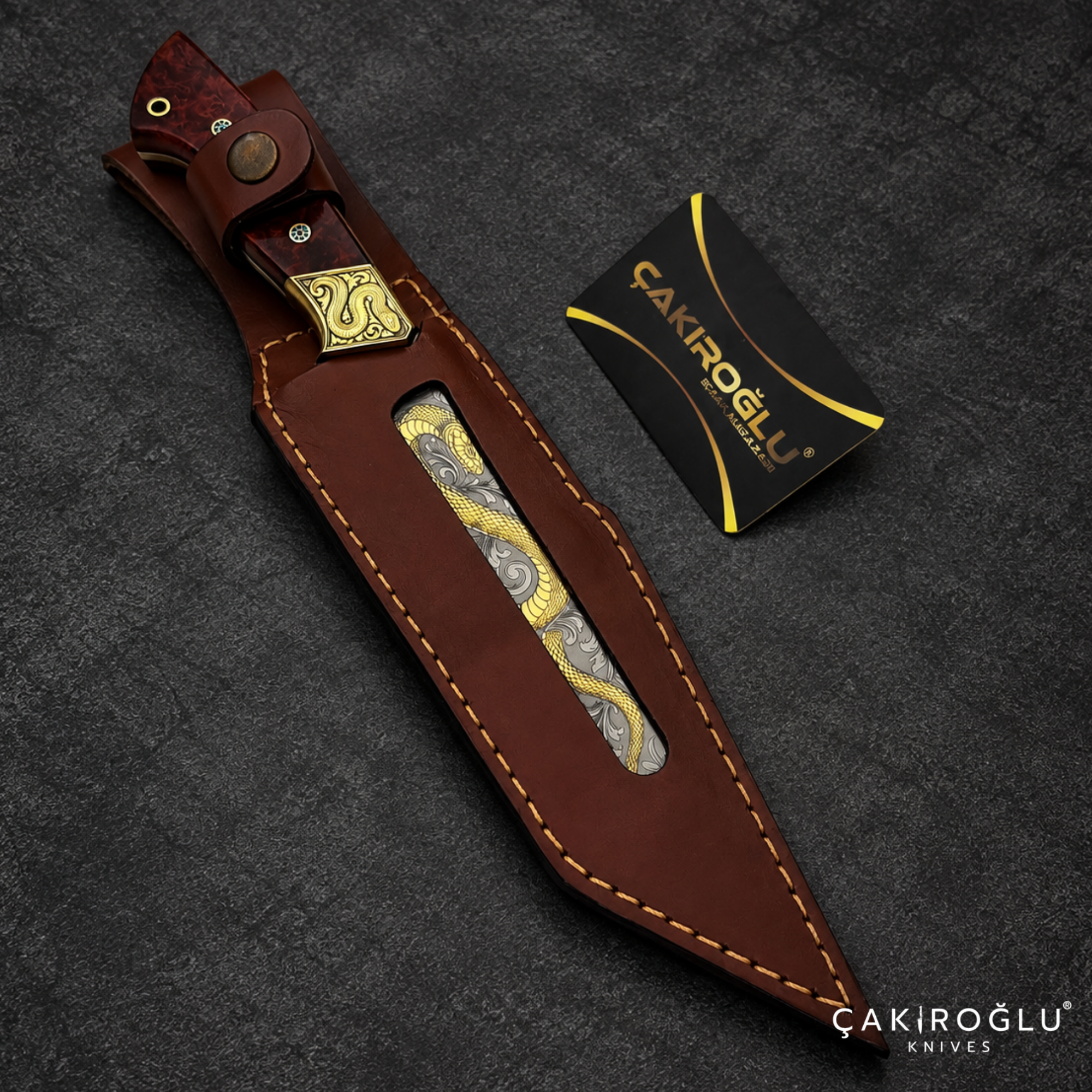 Çakıroğlu Snake - Handmade Custom N690 Steel Tanto Knife, Gold Engraved, Stabilize Handle